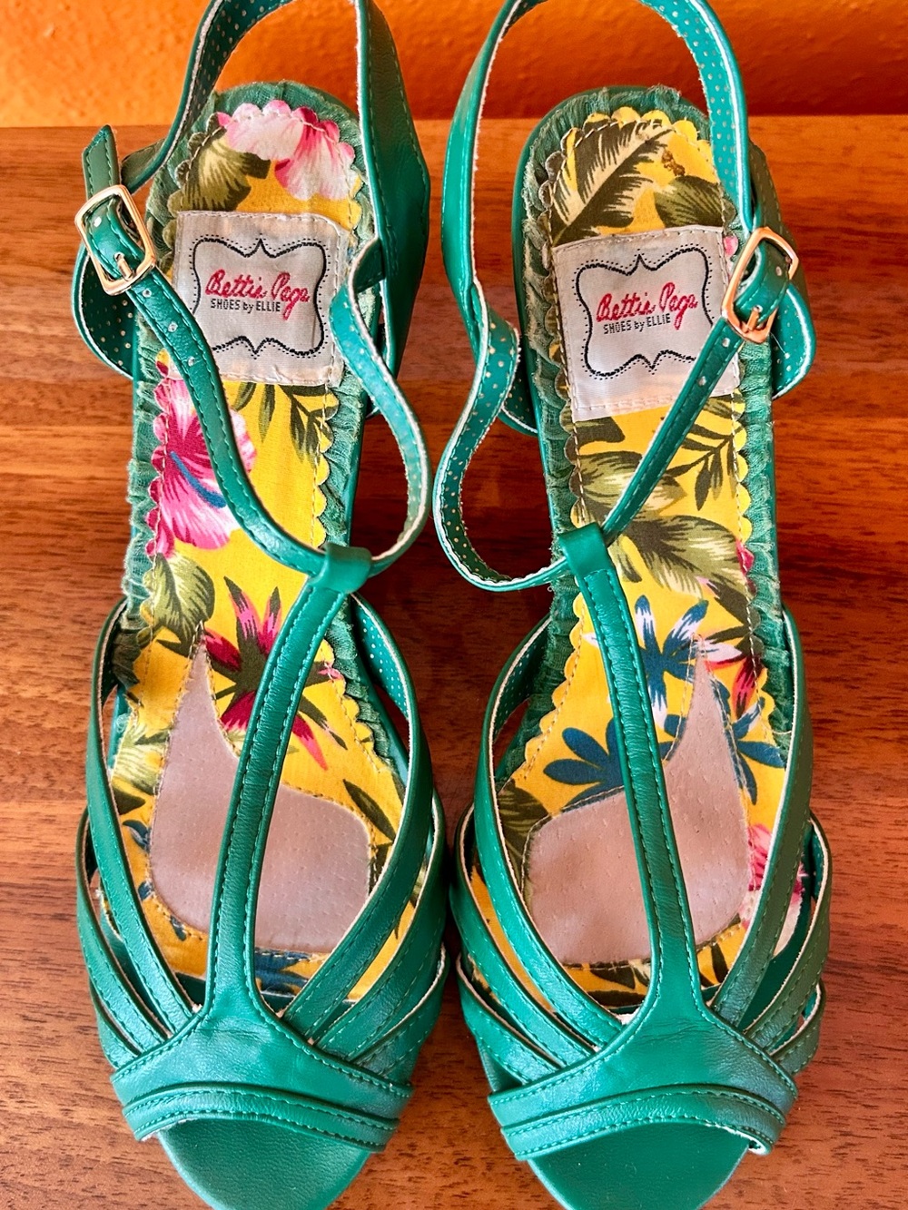 Bettie Page Teal Strappy Floral Insole Sandals